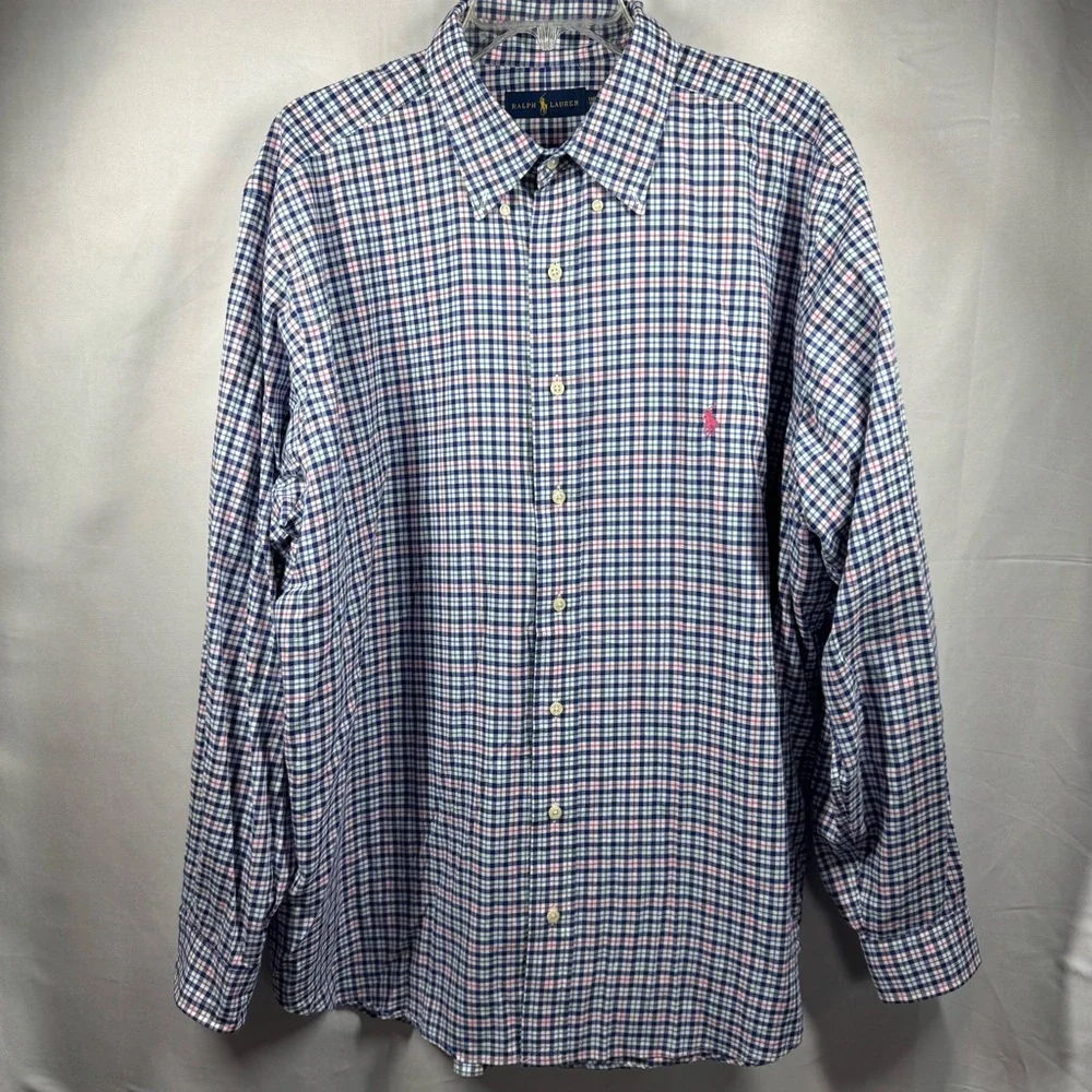 Polo by Ralph Lauren Mens 1XB Blue‎ and Pink Casual Button Down LS Shirt